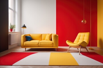 Yellow red lounge chair against multicolored decorative squares. Color block, suprematism style home interior design of modern living room