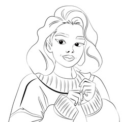 Vector coloring page, contour drawing of a young pretty woman in a warm and comfortable knitted sweater.

