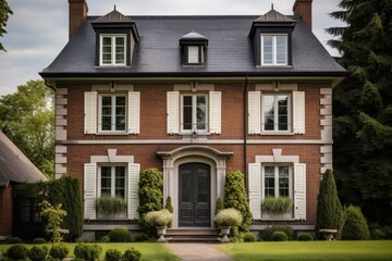 Fototapeta na wymiar brick-built french country house with tall, shuttered windows