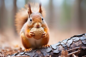 a squirrel nibbling on a nut in its drey - obrazy, fototapety, plakaty