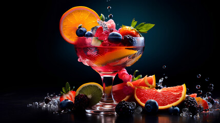 A closeup magazine quality shot of a luxurious fruit cocktail, insane details, and food photography.