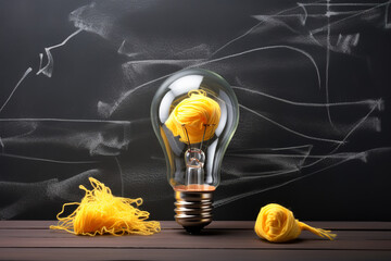 An idea bulb and yellow napkin on the chalk board stock photo, in the style of uhd image, crumpled, interactive