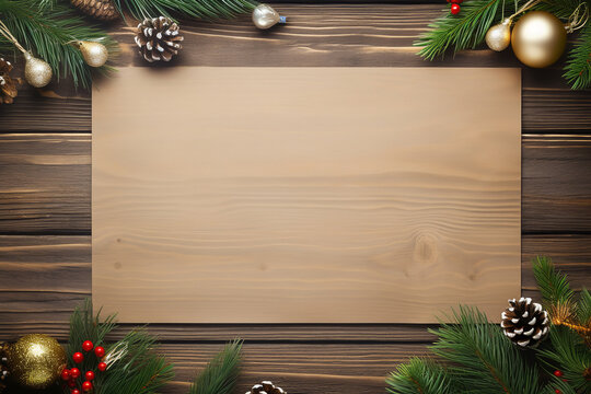 A paper with christmas decorations on an old wooden background, in the style of photo-realistic hyperbole, uhd image, commission for, goosepunk, interactive, sleek