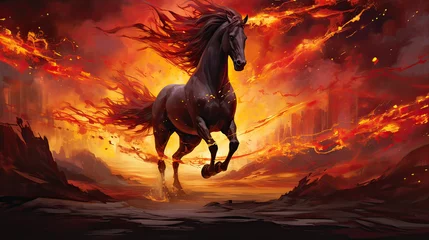 Foto op Plexiglas Fiery horse galloping through a surreal landscape of flickering lights AI generative © SK