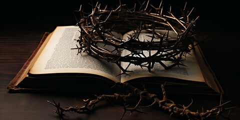 bible and crown of thorns. Christian symbol of Easter, resurrection.