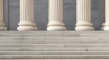 Fotobehang White marble stairs, colonnade, and stone columns of law building with classic, ancient architecture. Copy space for text, advertising, message, logo © CFK