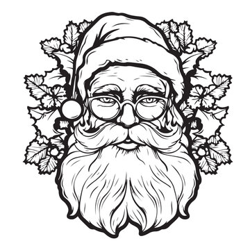 Portrait of a cute Santa in a Christmas hat . Vector black and white illustration in sketch style isolated on white background. Coloring book, flat design
