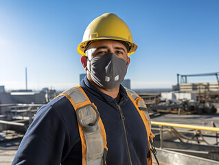 A construction worker using ASTM Level 3 face masks at a construction site, focused, industrial setting
