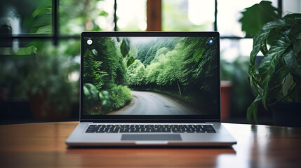 Laptop mockup on a table with office space and plants in the background