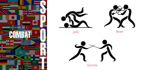 Ensemble de pictogrammes représentant les 3 disciplines sportives de combat avec un adversaire - Texte sur un fond de drapeaux mondiaux, Traduction : sport, combat.