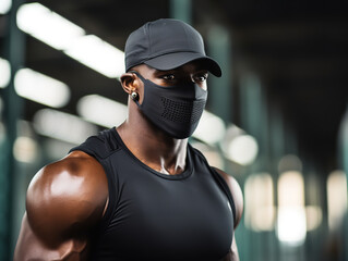 A fitness enthusiast wears a black face mask during a high-intensity workout, focused