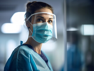 A healthcare worker in a breathable face mask, caring, hospital room, soft lighting