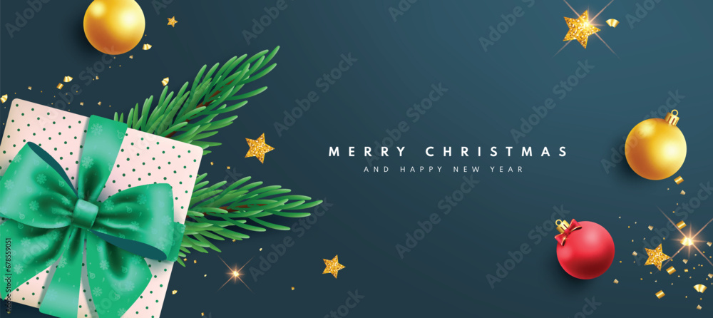 Wall mural Merry christmas greeting text vector banner. Christmas and happy new year greeting card with gift box and xmas balls decoration elements. Vector illustration holiday invitation card.
