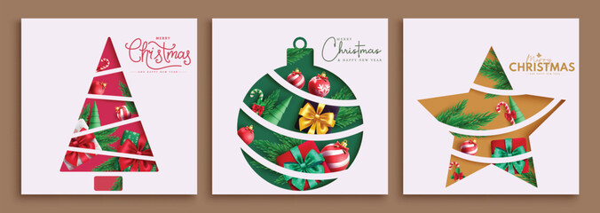 Christmas greeting tags vector poster set design. Merry christmas and happy new year gift tags in white color lay out collection card. Vector illustration tags and sticker in paper cut postcard.
