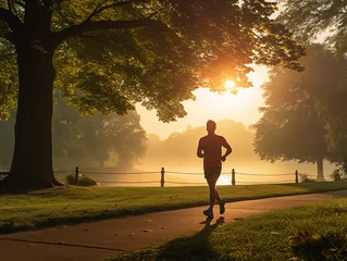 Zelfklevend Fotobehang A jogger wearing a breathable face mask in a lush green park, determined, morning sunrise © Nate
