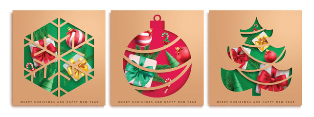 Christmas gift tags vector poster set design. Merry christmas and happy new year greeting cards in brown color lay out collection xmas poster. Vector illustration tags and sticker in paper cut 