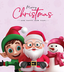 Merry christmas greeting text vector design. Christmas greeting card with santa claus, reindeer and snowman characters for holiday season invitation card background. Vector illustration new year 
