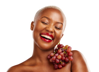 Happy black woman, smile or grapes for skincare, health or diet nutrition for wellness, beauty or...