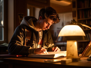 Fototapeta na wymiar Photography, A student, studying diligently in a cozy library, determined, warm lighting