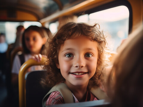 Photography, A young child in a crowded school bus, feeling safe, soft bus lighting, closeup shot