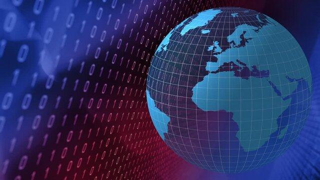 Algorithmic cybersecurity representation of cybersecurity through backdrop featuring binary code, algorithm, and spinning globe, interconnected and ever-evolving nature of digital protection