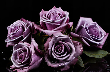 Six purple roses growing in a brown soil, in the style of dark silver and light purple