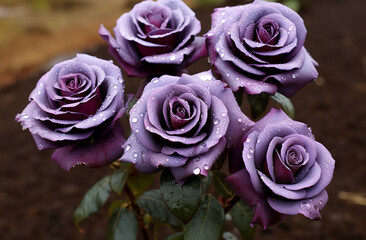 Six purple roses growing in a brown soil, in the style of dark silver and light purple