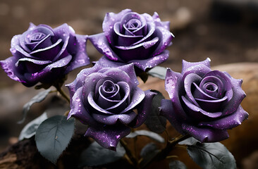 Six purple roses growing in a brown soil, in the style of dark silver and light purple