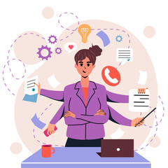 The girl does many things at the same time. Multitasking. Importance. Have a business and a businesswoman. Character. Vector stock illustration. Isolated. Flat style. White background