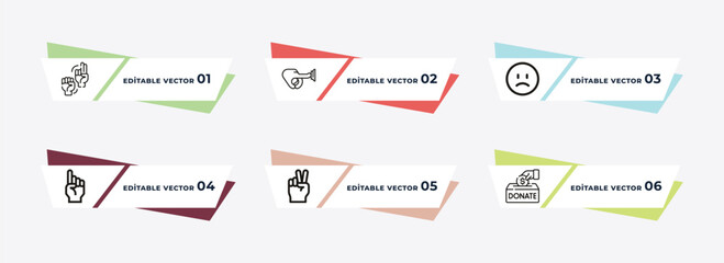 deaf, pressing, sad face, hand pointer, two fingers up, charity donation outline icons. editable vector from gestures concept.