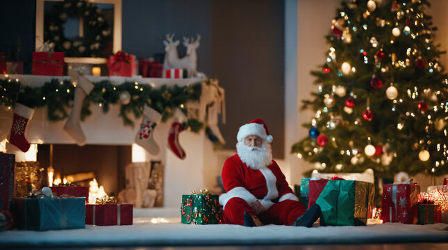 a santa clause sitting on the floor with presents under a christmas tree in front of a fireplace with a christmas tree,4k uhd image,a stock photo,dau-al-set,