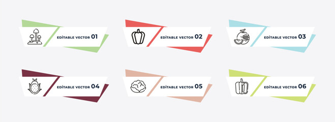 mushroom, paprika, melon, dragon fruit, cauliflower, bell pepper outline icons. editable vector from fruits and vegetables concept.
