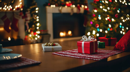 Fototapeta na wymiar a table with a present and a christmas tree in the background with lights on it and a lit fireplace