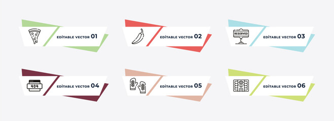 triangular pizza slice, hot pepper, restaurant, and grapes, cooking mitts, sausages outline icons. editable vector from food concept.