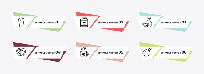 pint, protein container, citrus fruits, mussel, warm black mug, rice bowl outline icons. editable vector from food concept.