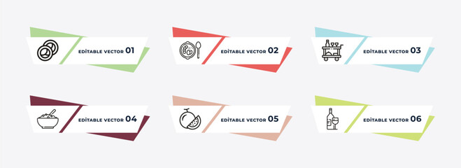 sushi roll, fruit salad, hotel service, bowl of food, melon slice, wine glass and bottle outline icons. editable vector from food concept.