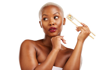 Face, thinking or woman with chopsticks for sushi, healthy eating or nutrition food. Black person,...