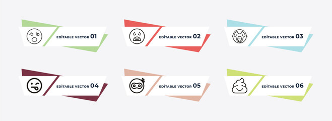 dizzy emoji, tired emoji, proud emoji, wink nervous pensive outline icons. editable vector from concept.