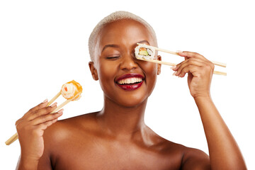 Happy, black woman and sushi for health, diet or balance on isolated, transparent or png...