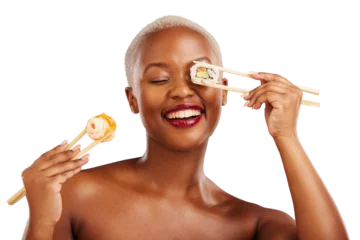 Papier Peint photo Bar à sushi Happy, black woman and sushi for health, diet or balance on isolated, transparent or png background. Seafood, face and African model smile for raw food, omega 3 or skincare, beauty or benefits