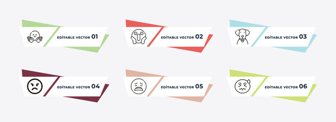 hugging emoji, scared emoji, dog emoji, exhausted disappointed headache outline icons. editable vector from concept.