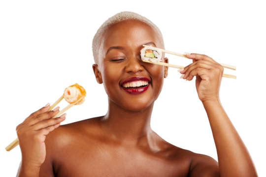 Happy, black woman and sushi for health, diet or balance on isolated, transparent or png background. Seafood, face and African model smile for raw food, omega 3 or skincare, beauty or benefits