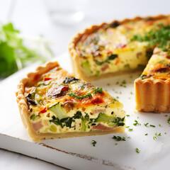 Close up piece of savoury quiche on white table, blurred background 