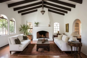 Fotobehang spanish revival interior room with whitewashed beam ceiling © Natalia