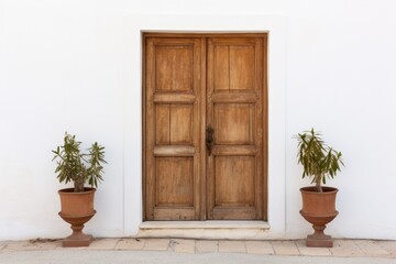 spanish revival brown wooden door on whitewashed wall
