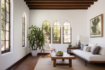Fototapeta na wymiar white walls featuring wooden-framed windows in a spanish revival house
