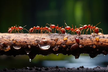 Fotobehang a line of ants carrying food back to their nest © Natalia