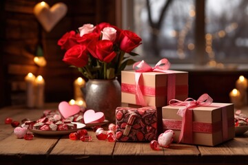 Fototapeta na wymiar Gift boxes and hearts on wooden table. Valentine's Day background