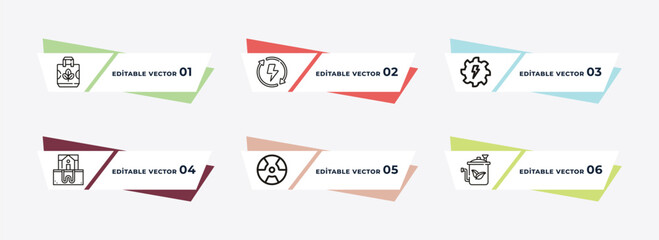 recycle bag, renewable, hydraulic energy, geothermal energy, radioactive, biogas outline icons. editable vector from ecology concept.