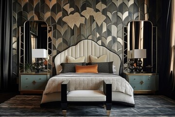 an art deco bedroom featuring a quilted headboard with mirrored side tables